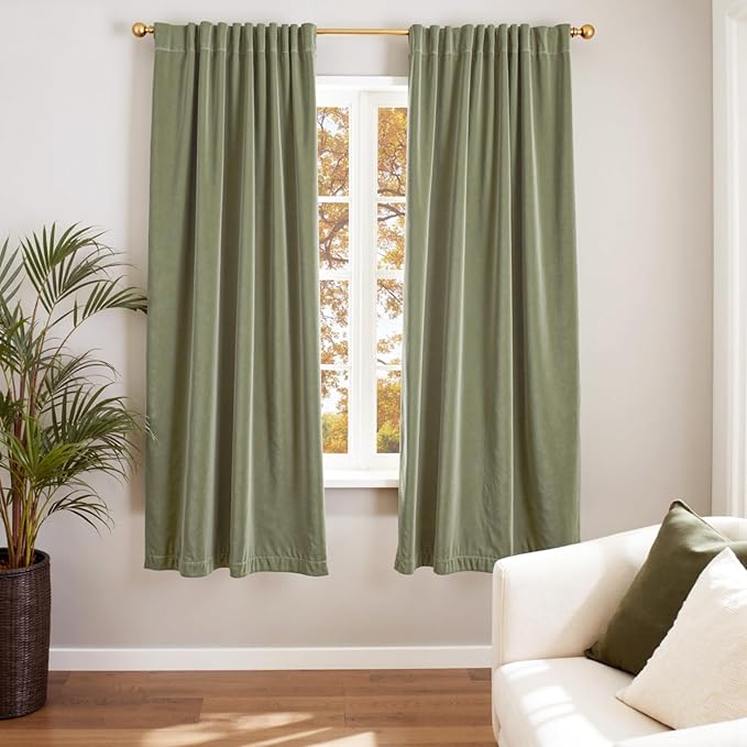 Lazzzy Velvet Blackout Curtains Thermal Insulated Room Window Drapes Super Soft Luxury Curtains for Living Room Bedroom Rod Pocket 2 Panels, Olive Sage, 52" W x 72" L