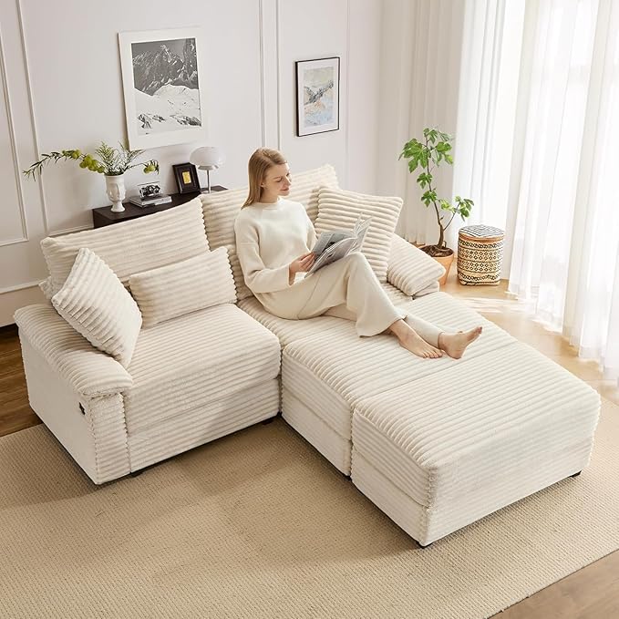 74" Double Chaise Lounge Chair Indoor, Oversized Loveseat with Removeable Ottoman, Corduroy Couch with USB Charging, Storage Ottoman, and Coffee Table Cushions for Living Room (2 Chaise Beige)
