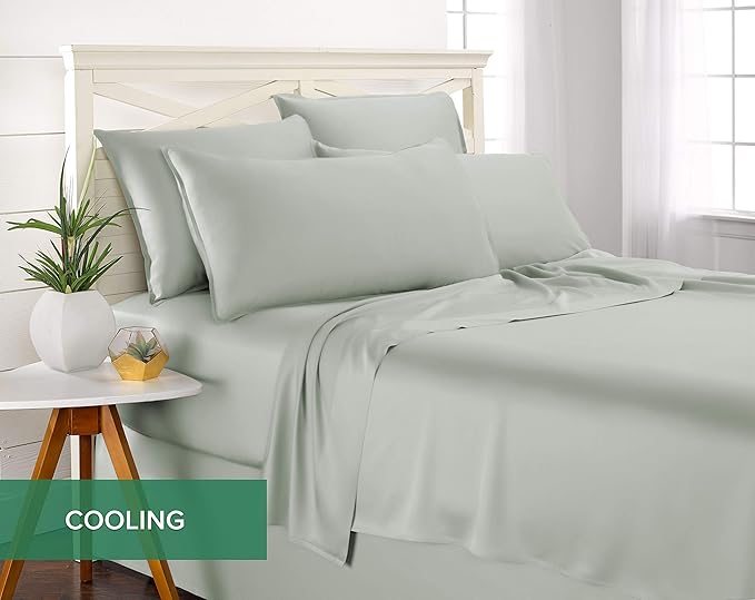 Pure Bamboo Queen Sheets, Genuine 100% Organic Viscose Derived from Bamboo Bed Sheet Set, Luxuriously Soft & Cooling, Double Stitching, 2 Year Quality Promise (Queen, Sea Glass)