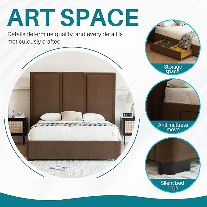 YUHUASHI Queen Size Bed Frame with 64-inch High Headboard, Simple and Airy Linen Upholstered Platform Bed with Storage Drawers, Wood Slat, No Noise (Brown, Queen)