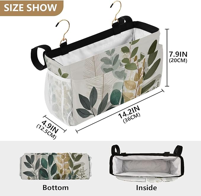 Bedside Caddy Hanging Bunk Bed Caddy Bed Organizer Hanging Pocket with 2 Hooks Bedside Storage Organizer Pocket Bag Holder Beige Boho Style Leaves