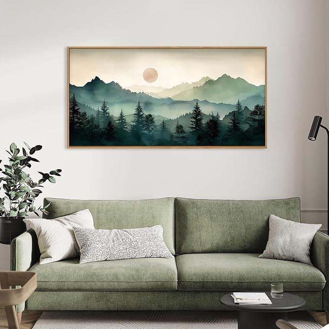 LHIUEM Large Boho Mountain Framed Wall Art Set,Watercolor Pine Tree Wall Painting,Abstract Foggy Green Forest Artwork,Modern Nature Landscape Sunrise Wall Decor for Living Room, Bedroom,Office-20x40
