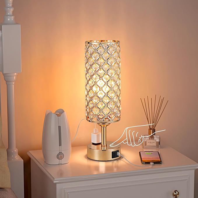 Hong-in Gold Lamps Set of 2, Dimmable Gold Lamps for Nightstand with USB-C+A & AC Charging Ports, 3-Way USB Crystal Lamp, Bedside Desk Light for Bedroom Living Room Home Office(Bulb Included)