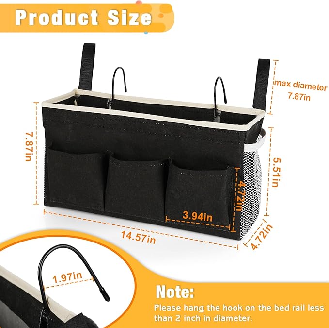 Lilithye Bedside Caddy Bedside Organizer Bedside Storage Caddy with Fixed Straps and Water Bottle Holder for Home College Dorm Bunk Bed Hospital Bed Crib Bed Rails (2pcs Black)
