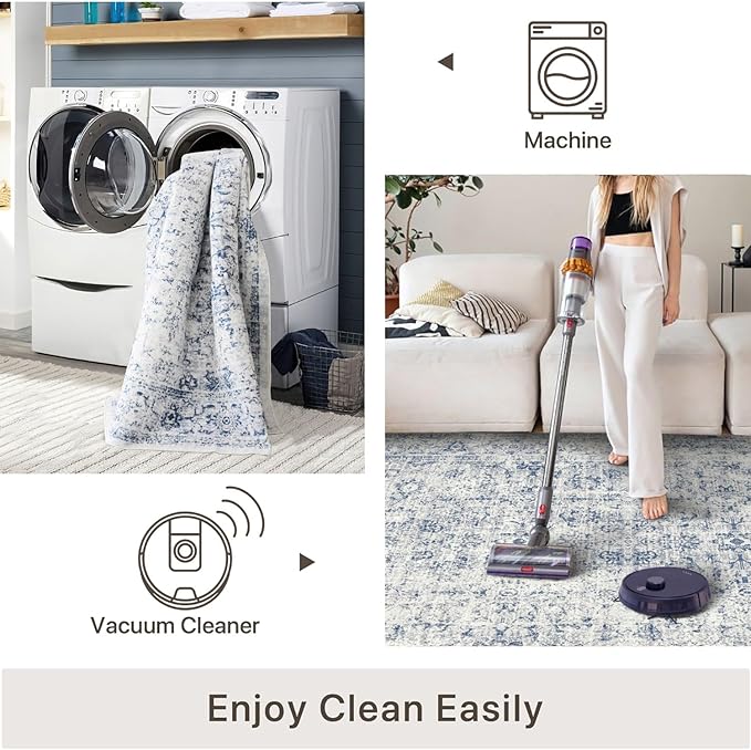 vivorug 5x7 Area Rugs - Ultra-Thin Washable Rug with Non-Slip Backing, Ideal for Living Room, Bedroom, Dining Room Indoor - Vintage, Easy Clean, Durable, Low Pile Rug Blue