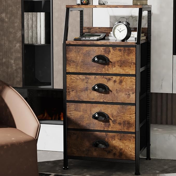 Dresser with 4 Drawers, Fabric Storage Tower for Bedroom, Tall Clothes Storage Drawers, Vertical Closet Organizer for Kids Room, Entryway, Nightstand Bedside Table, Sturdy Steel Frame & Wooden Top