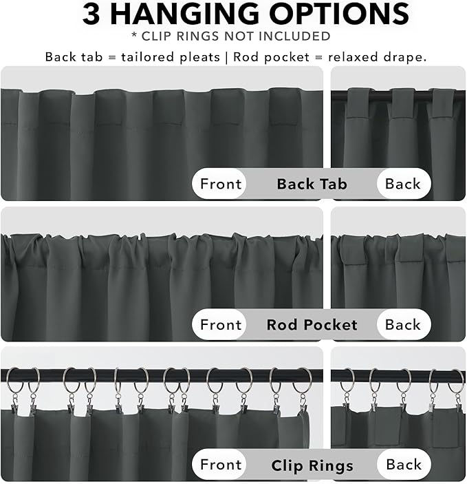 Deconovo Blackout Curtains, Thermal Insulated, W38 x L63 2 Panels, Back Tab, Machine Washable, Room-Darkening Drapes for Bedroom/Living Room Dark Grey