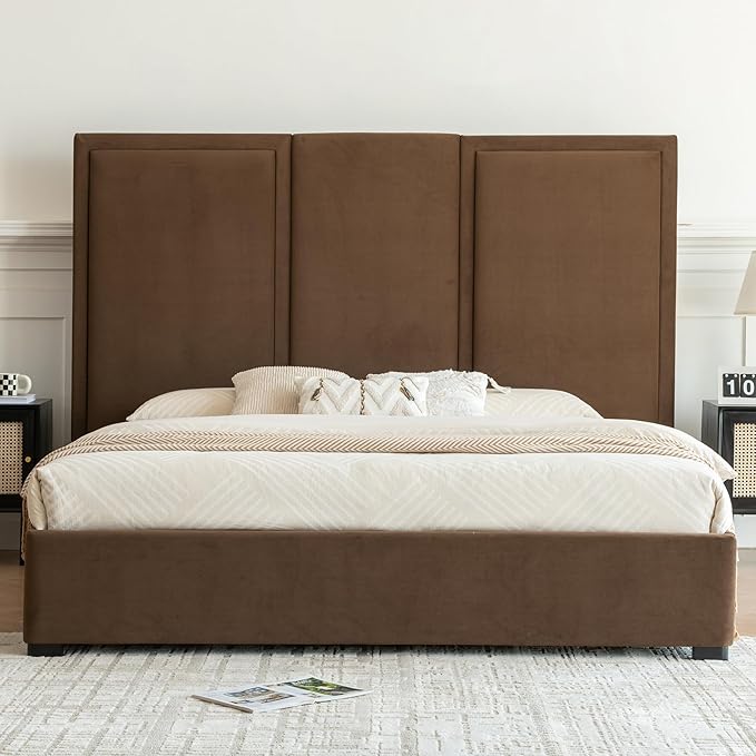 YUHUASHI King Size Bed Frame with 64-inch High Headboard, Simple and Airy Linen Upholstered Platform Bed with Storage Drawers, Wood Slat, No Noise (Brown, King)