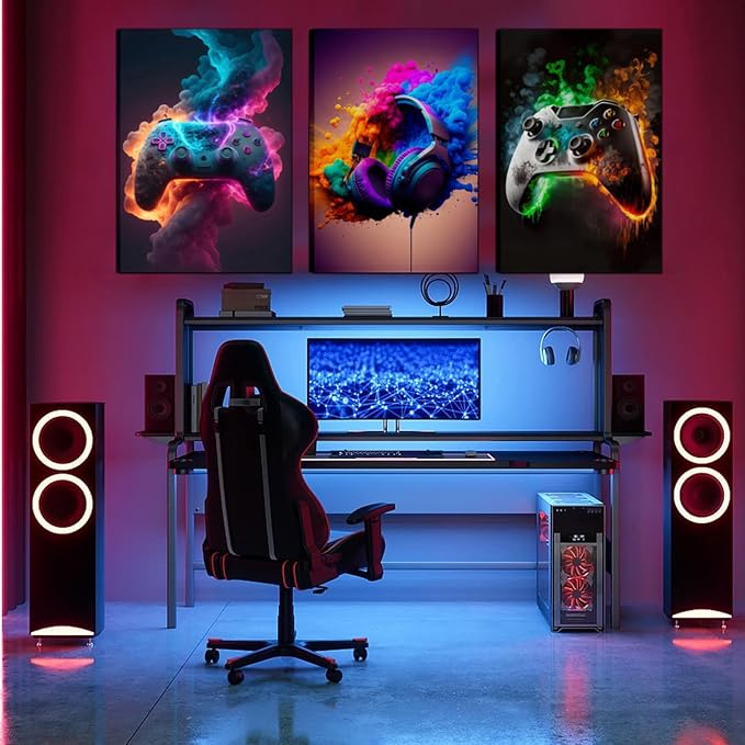 Gaming Room Decor Canvas Wall Art Set of 3 - Cool Video Gaming Theme Wall Decor, Gamer Paintings Picture Print for Teen Boys Room 16x24 inch Framed