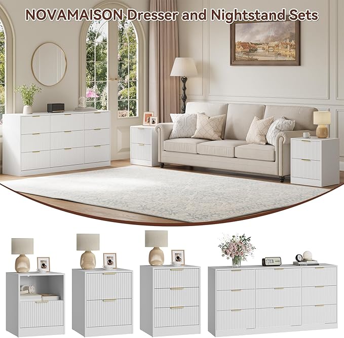 9 Drawer Dresser & Nightstand Set 3-Piece, 63” Wide White Fluted Dresser and Night Stand Set of 2, Fluted Modern Wood Chest of Drawers Storage Dressers Set for Bedroom, White