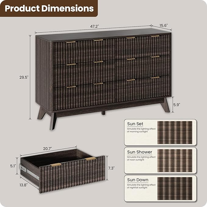 47'' Wide 6 Drawers Dresser for Bedroom,Modern Fluted Vertical Chest with Rounded Corners,Fluted Dresser for Living Room,Hallway, Walnut