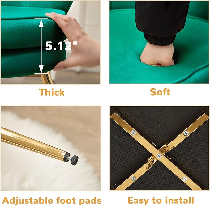 Velvet Vanity Chair with Back, Mid-Century Modern Small Accent Chair for Living Room, Golden Metal Legs Upholstered Makeup Chair, 1Pcs Bedroom Armchair, Emerald Green