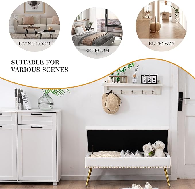 Velvet Storage Bench with Gold Legs& Nailhead Trim, 40" Wide Upholstered Modern Bedroom Bench for End of Bed, Tufted Ottoman for Entryway Living Room Dining Room (Ivory White, 40" W)
