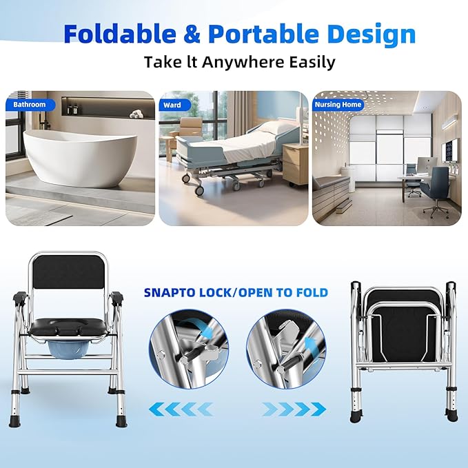 4 in 1 Folding Bedside Commode Chair for Elderly with Arms and Back,Adjustable Height Raised Toilet Seat with Handles,Adults Potty Chair for Seniors,Disabled and Pregnant (with Paper Roll Holder)