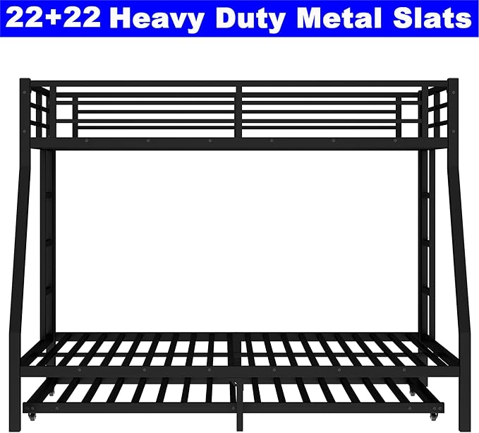 Upgraded Version Thicken Stronger Metal Heavy-Duty Twin Over Full Bunk Bed with Twin Size Trundle, Bunk Bed for Adults with Ladders, Easy Assemble (Twin/Full)
