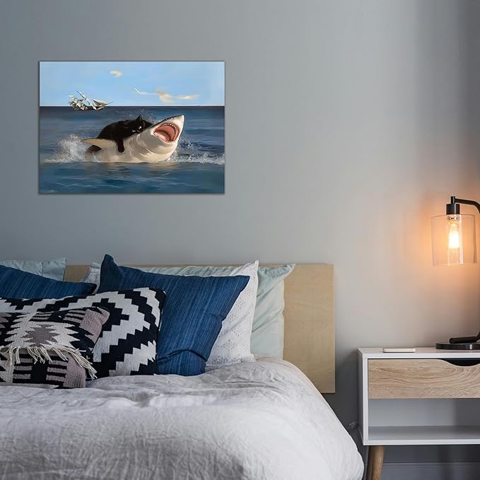 BFKDKG Framed Black Cat Wall Art, Funny Quirky Cat and Shark Pictures Canvas Print, Abstract Black Cat Shark Posters Wall Decor for Room Bedroom Living Room Bathroom 16x24in