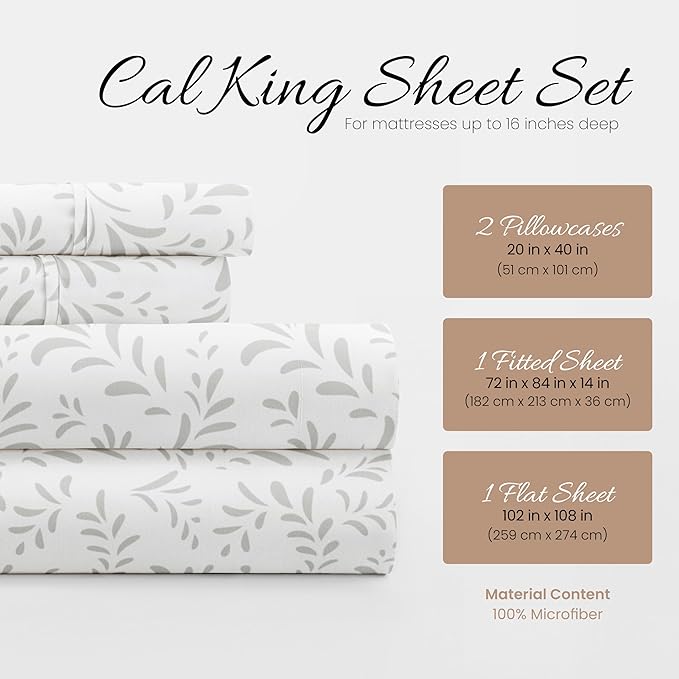 Linen Market 4 Piece California King Bedding Sheet Set (Gray Vines) - Sleep Better Than Ever with These Ultra-Soft & Cooling Bed Sheets for Your Cal King Size Bed - Deep Pocket Fits 16" Mattress