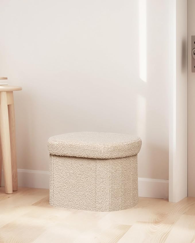 B FSOBEIIALEO Storage Ottoman for Dorm Room, Boucle Folding Storage Ottoman Foot Rest, 16.14 Inches Small Collapsible Ottoman Cube for Living Room Beige