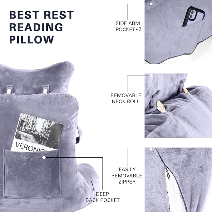 Reading Pillow-Extra Large 31" Bed Rest Pillow with Detachable Neck Roll & Arms for Sitting in Bed or Couch-Backrest Reading Pillow Adult Back Pillows for Reading/Watching TV/Gaming/Relaxing-Grey