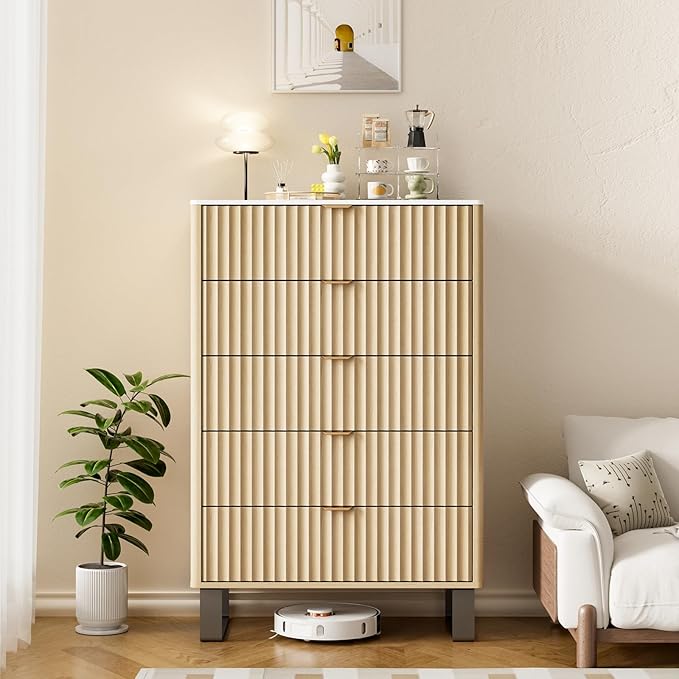 Fluted 5 Drawers Dresser, 48" H Modern Country Storage Dressers with Brushed Metal Handles, Wood Storage Organizers for Bedroom, Living Room, Hallway, Beige