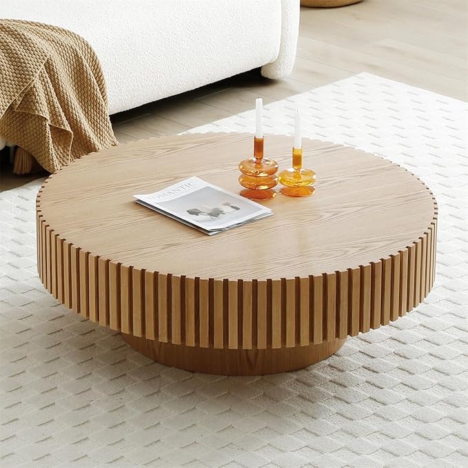 LKTART Round Coffee Table for Living Room, Accent Fluted Drum Coffee Table with Storage, Modern Solid Wood Circle Center Tea Table for Small Space Apartment (31.5''D×14''H-Natural)