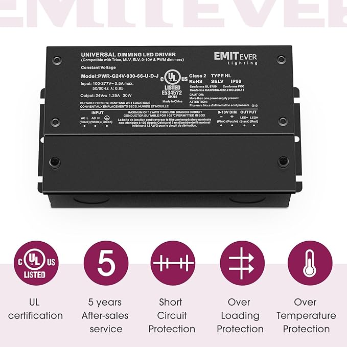 EMITEVER Dimmable Led Driver, 2 Packs 30W AC 110V-277V to DC 24V Transformer, 5-in-1 Dimming: ELV/MLV/TRIAC / 0-10V / 1-10V / 10V PWM/Potentiometer, Waterproof IP67 and UL Listed