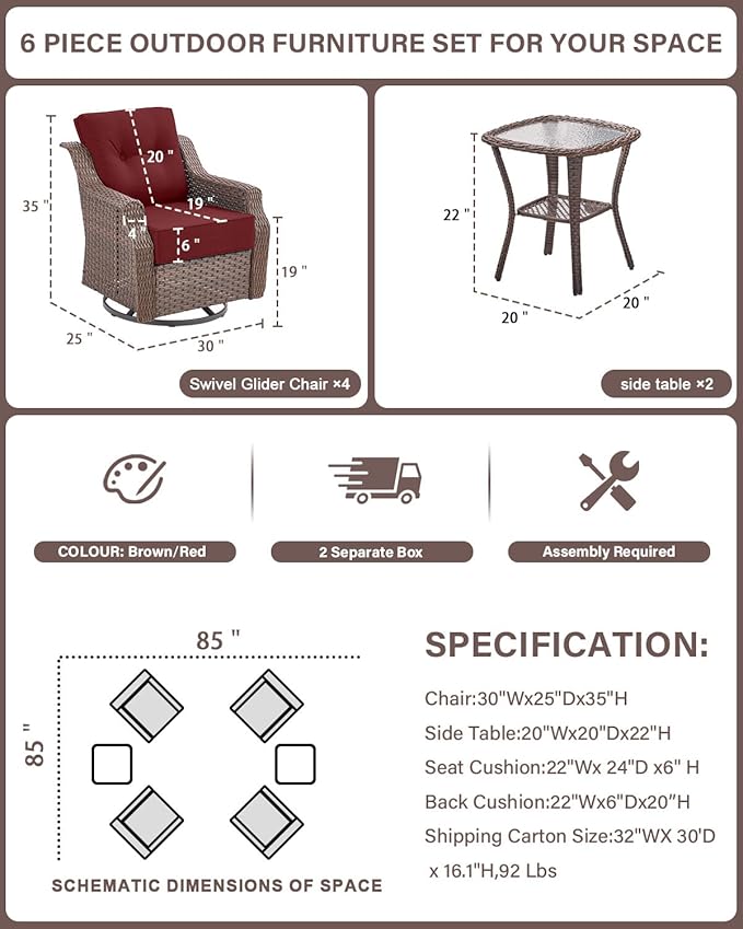 Belord Luxury 6-inch Thick Cushion Patio Furniture Set - Outdoor Swivel Rocker Glider Chairs Set of 4 with Glass Top Side Table, All-Weather Wicker Patio Conversation Set for Deck Balcony Sunroom