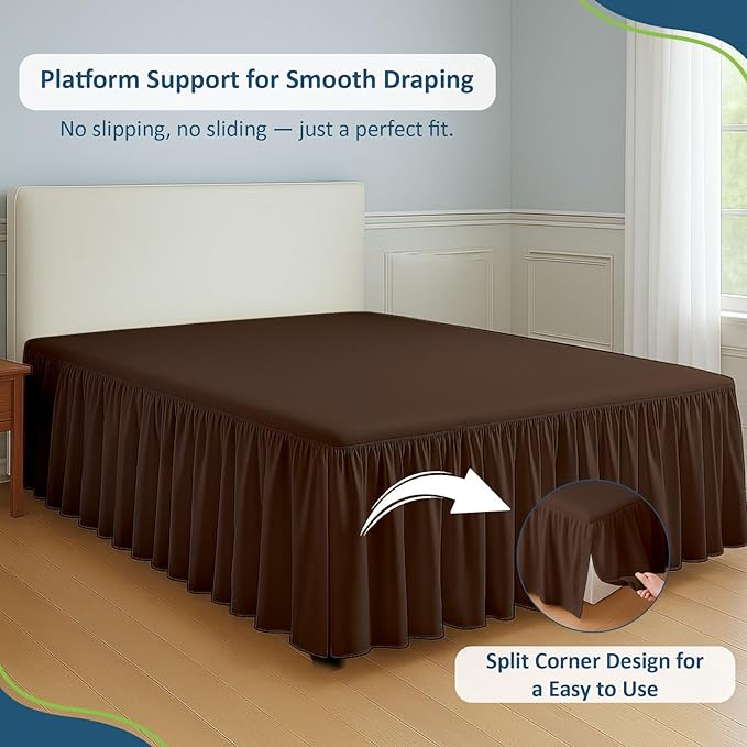 Rajlinen Ruffled Bed Skirt Twin, 8 Inch Drop Dust Ruffle with Split Corners, 100% Microfiber Bedskirt with Platform, Three-Sided Coverage Ruffled Gathering Design, Chocolate