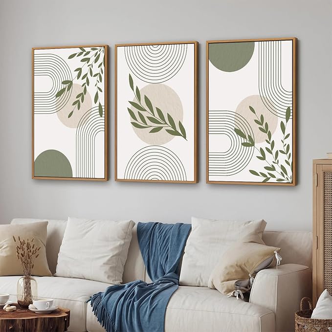 Yeehomedec Boho Sage Green Framed Canvas Wall Art, Mid Century Modern Wall Decor, Large Minimalist Botanical Art Print, Abstract Geometric Line Leaf Art Painting for Bathroom Living Room Bedroom Office 16"x24"x3