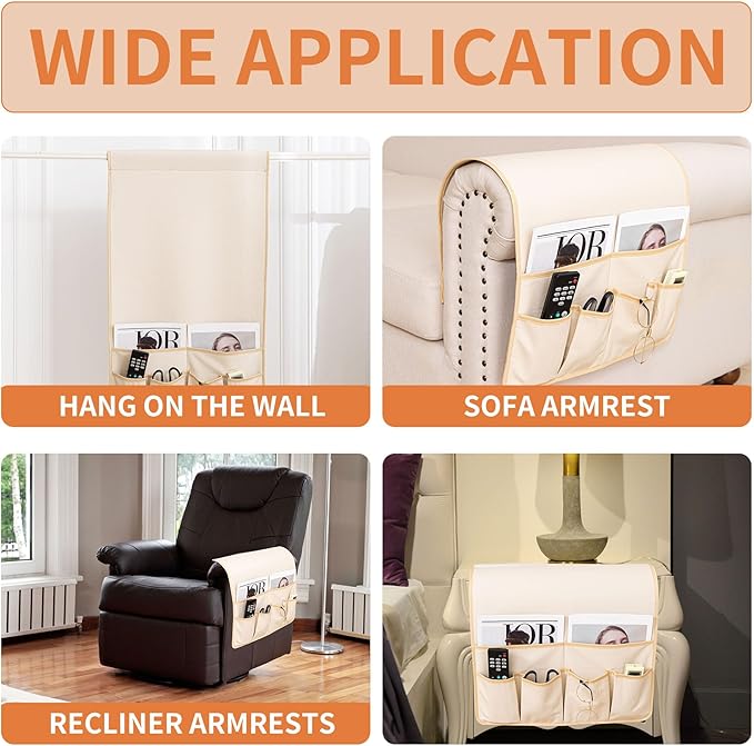 HAOMAIJIA Anti Slip Sofa Armrest Organizer Arm Chair Bedside Caddy Storage Organizer For Recliner Couch With 6 Pockets For Cell Phone Tv Remote Control (Beige, 31.89 inches × 18.5 inches)