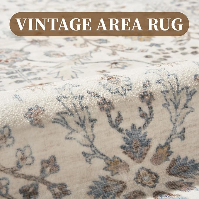 MontVoo-Vintage Area Rug 9X12 Beige Rugs for Living Room-Soft Distressed Printed Rugs for Bedroom-Non Slip Carpet-Machine Washable Rug for Dining Room Living Room Bedside Office