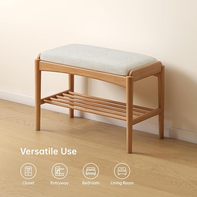 Solid Wood Shoe Bench, Shoe Rack Bench Assembled with Cushion for Entryway, Hallway, Bedroom, Living Room, Beech Wood, 11.8" x 23.6" x 16.5", Natural