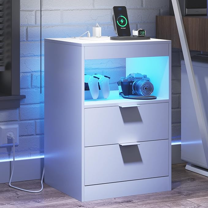 Tiptiper LED Nightstand with Wireless Charging Station, Bedside Table with LED Lights, End Table with 2 Drawers, 1 Pull-Out Tray and Open Storage, Modern Night Stand with USB Ports and Outlets, White