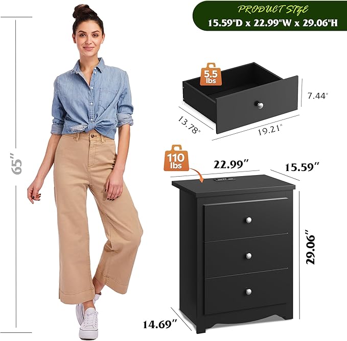 WLIVE Tall Nightstand with Charging Station, Wood Night Stand with 3 Drawers Storage, Bedside Table End Side Tables with 2 USB Ports and Outlets for Bedroom, Closet, Black