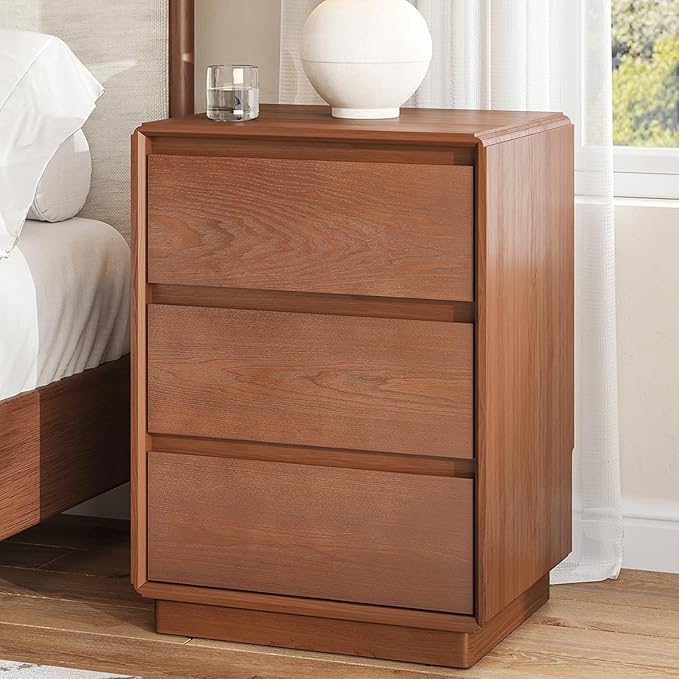 Solid Wood Nightstand, Natural Wood Night Stand with 3 Drawers, Mid Century Modern Nightstand with Storage, Bedside Table for Bedroom, Office, Brown