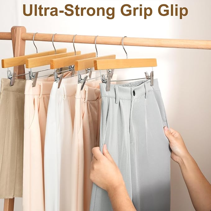 BAGAIL 10 Pack Wooden Pants Hangers with Adjustable Clips, 360°Swivel Hook Space Saving Skirt Holders with Anti-Rust Clips for Trousers, Jeans, Shorts (Natural)