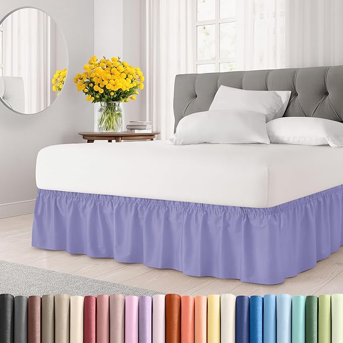 Wrap Around Dust Ruffle Bed Skirt - Lavender - for King Size Beds with 15 Inch Drop - Easy Fit Elastic Strap - Adjustable Pleated Bedskirt w/Brushed Fabric Wrinkle Free - for Women, Men, Kids & Teens