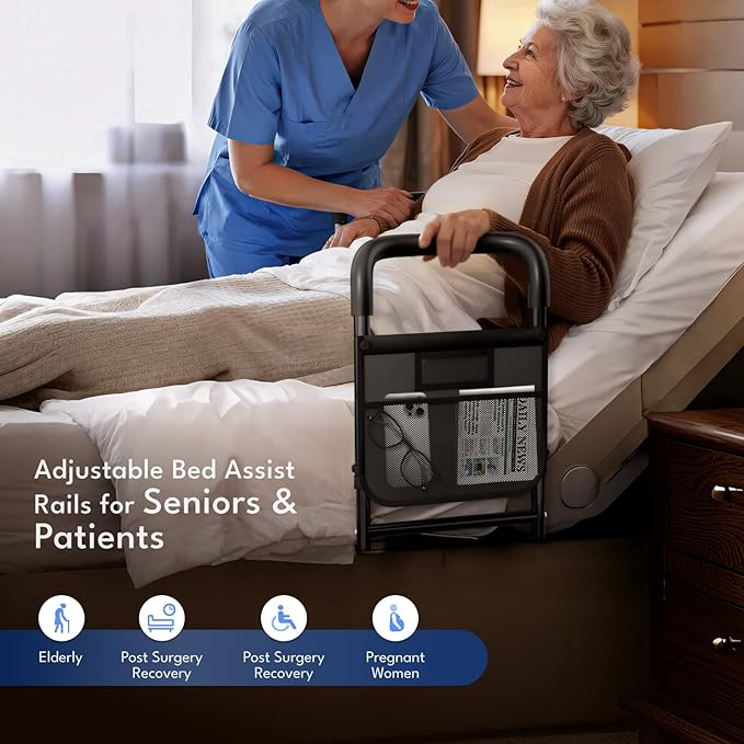 HOMEAL Bed Rails for Elderly Adults Safety - Adjustable Bedside Assist Rails for Seniors, Adult Bed Cane with Non-Slip Handle, Motion Light & Fixing Strap, Fit Standard & Adjustable Bed (Black)