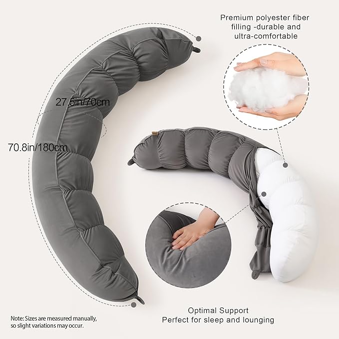 Peallow(Pat. Pend) – Long Round Body Pillow for Adults, Bolster Pillow for Sleeping, Soft and Supportive Pillow for Sleeping & Lumbar Support (Urban Grey, 59")