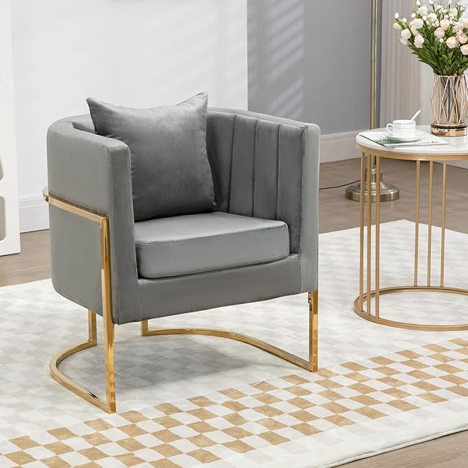 Velvet Modern Accent Chairs Set of 2, Upholstered Barrel Armchair Mid Century with Pillow for Living Room, Comfy Single Vanity Chair with Metal Gold Legs for Bedroom, Grey