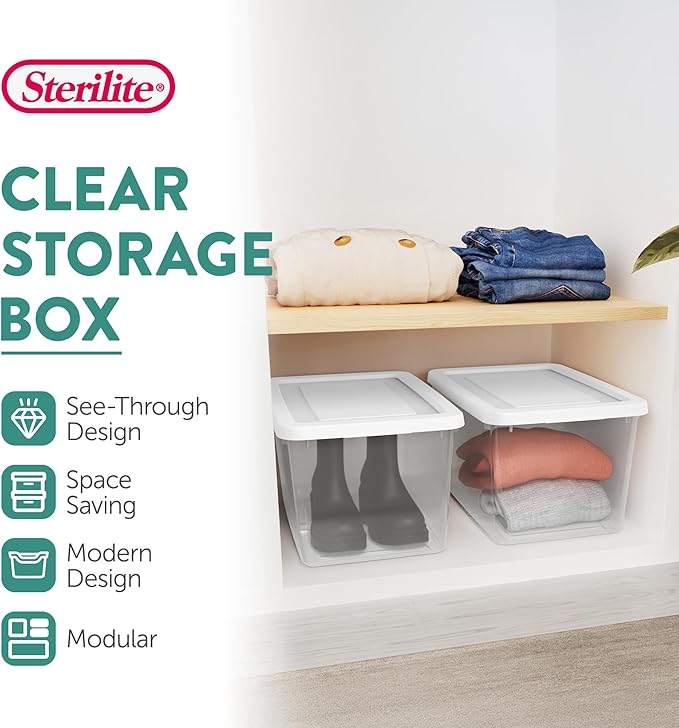 Sterilite 24 Pack Storage Box, 20 Quart Stackable Tote, Clear Plastic Container with Secure Snapping Lids for Home and Office Organization, White