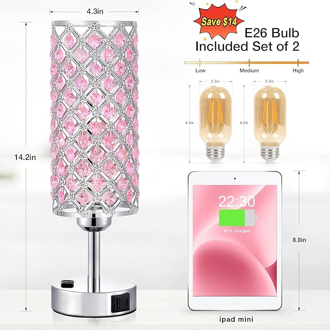 Pink Crystal Lamp Set of 2, 3 Way Dimmable Touch Lamp for Bedroom with Crystal Shade, Bedside Nightstand Lamps for Living Room Bedroom Home Office