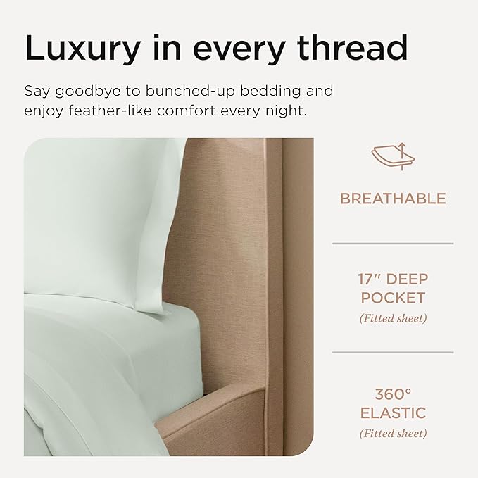 Threadmill Supima Cotton Queen Sheet Set, 1200 Thread Count Queen Sheets for Queen Mattresses, 4 Piece American Luxury Bed Sheets, Sateen Hotel Quality Sheets with Elasticized Deep Pocket, Seaglass