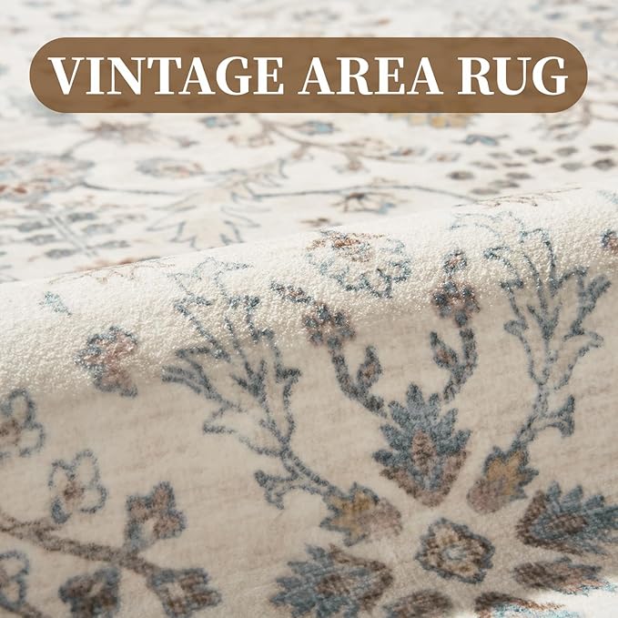 MontVoo-Vintage Area Rug 4X6 Beige Rugs for Living Room-Soft Distressed Printed Rugs for Bedroom-Non Slip Carpet-Machine Washable Rug for Dining Room Living Room Bedside Office