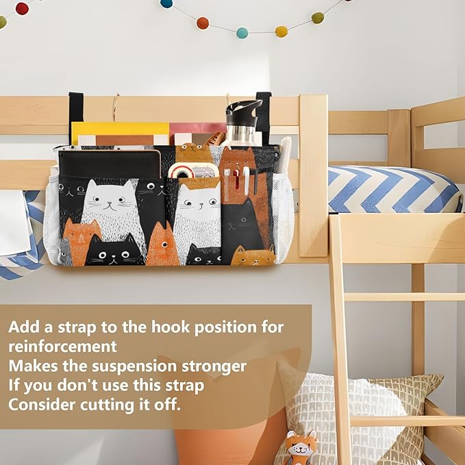 Bedside Caddy Hanging Bunk Bed Caddy Bed Organizer Hanging Pocket with 2 Hooks Bedside Storage Organizer Pocket Bag Holder Black and White Orange Cat