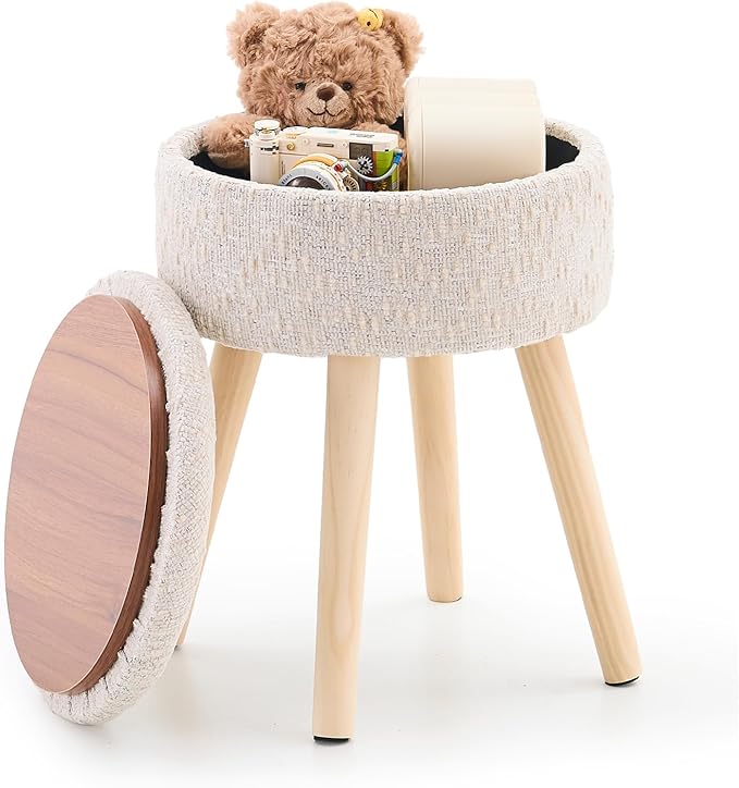 Mxfurhawa Storage Ottoman Velvet Round Vanity Stool Tray Top Modern Foot Stool with Wood Legs Multifunctional Upholstered Foot Ottoman Rest for Living Room, Bathroom