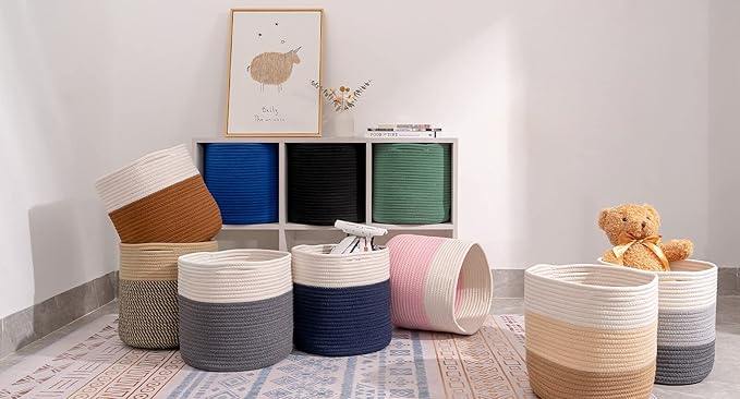 voten Storage Cubes Baskets Bins Organizer 11x11x11'' Fit 12x12''Cube Bookcases Shelf,Durable Woven Cotton Storage Basket for Organizing,Round 3Pack Brick Red