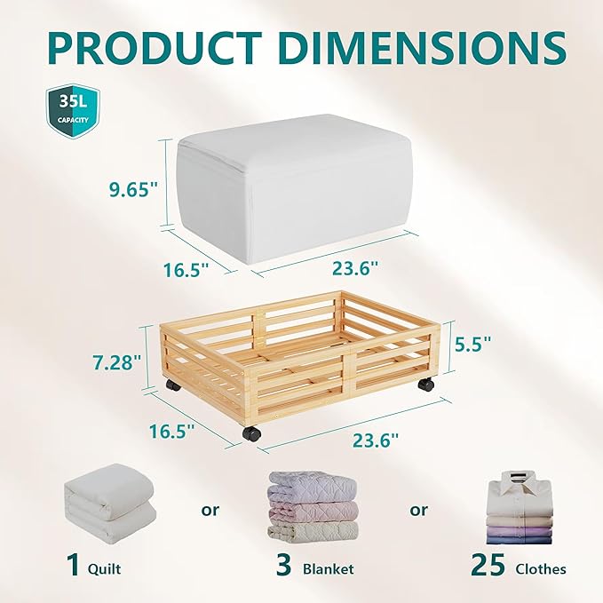 Bamboo Under Bed Storage Containers- Underbed Organizer with Wheels with Large Capacity Dust Bag,Sturdy Wood Rolling Under Bed Shoe Storage Organizer 2 Packs (Nature, 2 Packs (23.62"×16.54"))