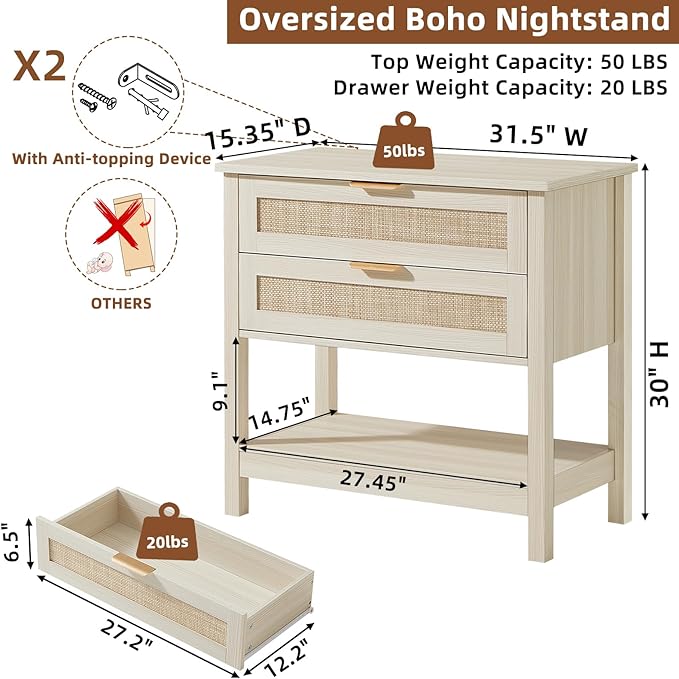 LEYAOYAO 31.5" Wide Rattan Night Stands Set 2, Oversized Large Boho Nightstand with 2 Drawer, Grey White Bed Side End Tables with Storage Shelf, Tall Bedside Table for Bedroom Living Room, Hallway