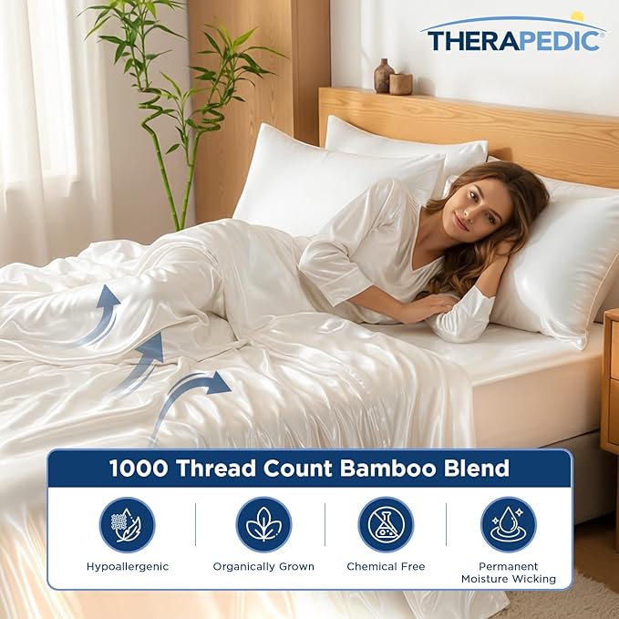 Therapedic 1000TC Split King 7-Piece Sheet Set - 100% Organic Rayon Derived from Bamboo Blend with Cooling Fiber, Ideal for Hot Sleepers - 16" Deep Pocket Fitted Sheet, Bonus Pillowcases - Ivory
